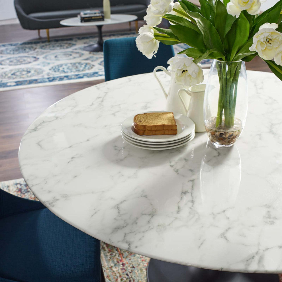 Modern Room Round Dining Table, Artificial Marble Stone Metal, Black White