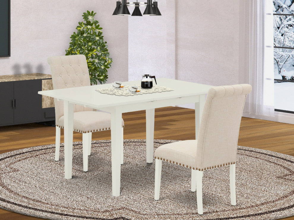 3Pc Dinette Set, Nail Head Chairs, Butterfly Leaf Table, Linen White