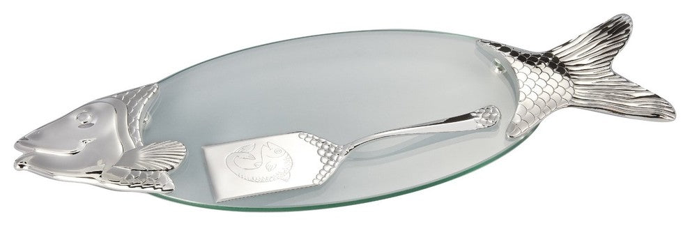 Elegance Pewter Plated and Glass Fish Tray With Server