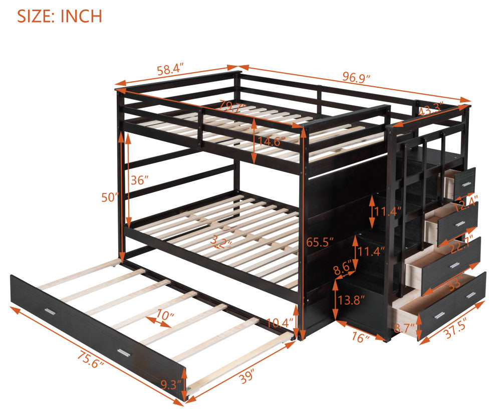 Gewnee Full Over Full Bunk Bed with Twin Size Trundle and Staircase