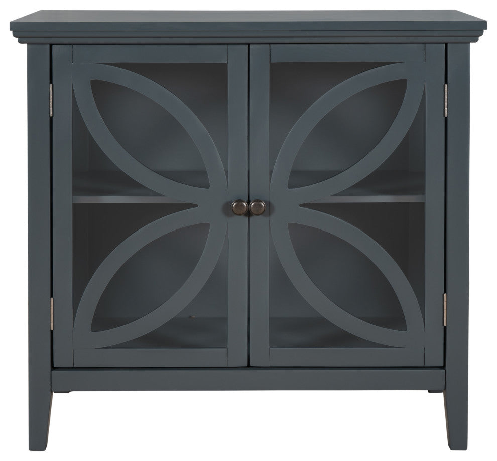 Wood Double Transparent Door Accent Cabinet with Adjustable Shelf, Navy Blue, 32