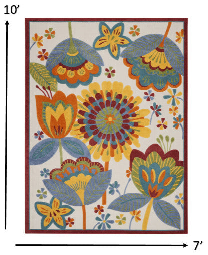 7' X 10' Yellow And Ivory Floral Indoor Outdoor Area Rug