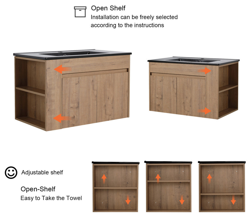 30 inch Wood Wall-Mounted Bathroom Vanity Set with Integrated Resin Sink, Imitative Oakï¼Œblack
