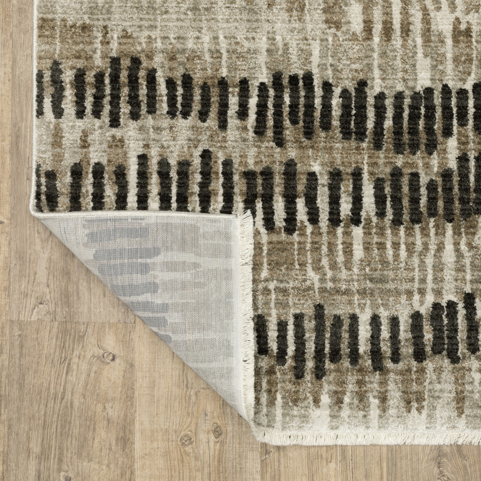 Banner Recycled P.E.T. Stripe Beige/Charcoal Fringed Area Rug, 6'7"x9'6"