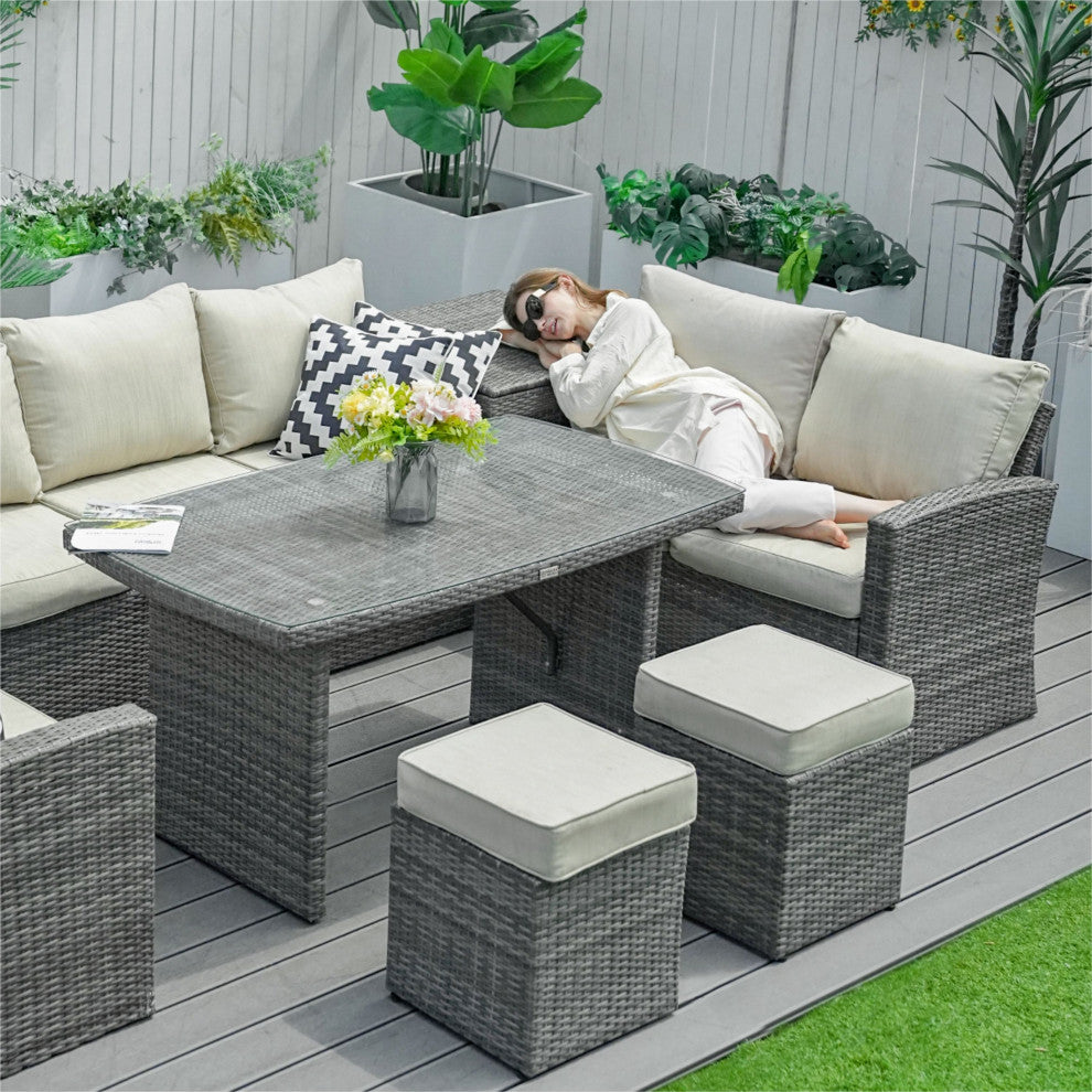 7-Piece Wicker Patio Sectional Dining Sofa Set with Storage Box, Gray
