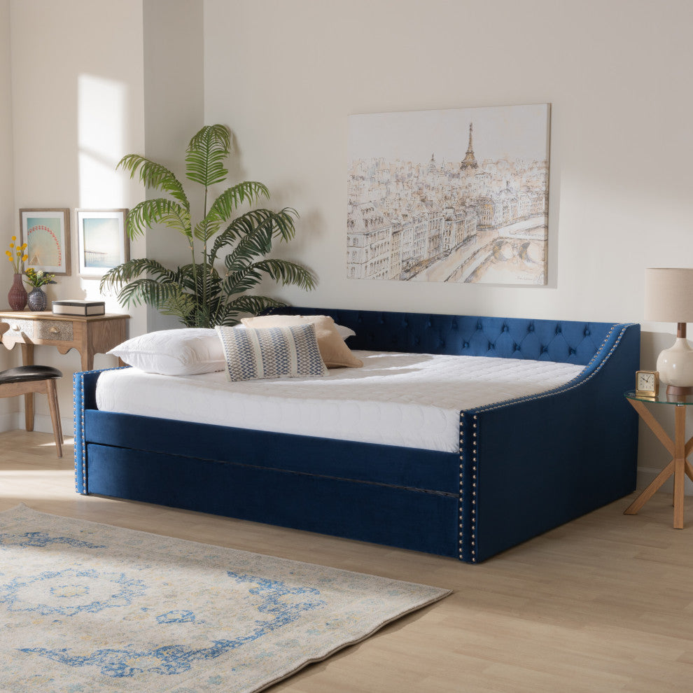 Shona Modern Velvet Upholstered Trundle Daybed, Navy, Queen Size