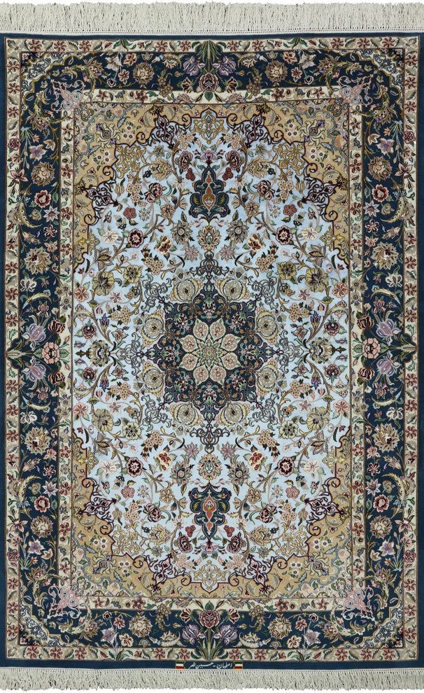 Super Fine Authentic Signed Persian Isfahan Hand Knotted Silk Rug, 5'x8'
