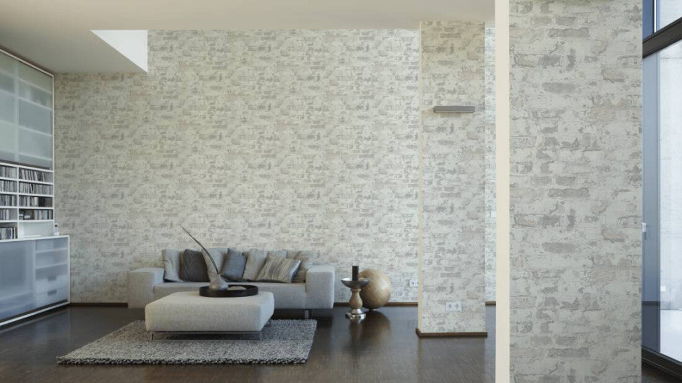 Textured Wallpaper Brick Rustic Cottage, Gray White, Sample