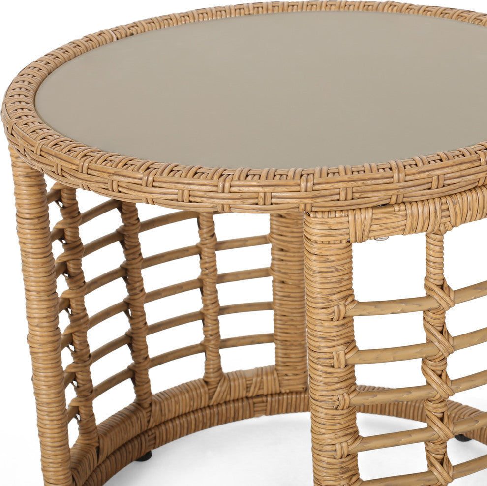 Anne Indoor Modern Boho Wicker Side Table With Tempered Glass Top, Light Brown