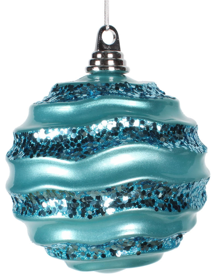 Vickerman M132112 8" Turquoise Stripe Candy Finish Wave Ball Christmas Ornament