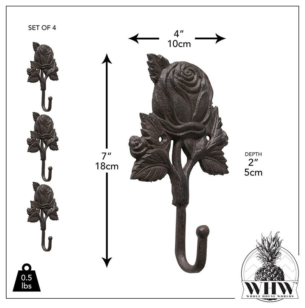 Cast Iron Sweetheart Rose Wall Hooks, Set of 4