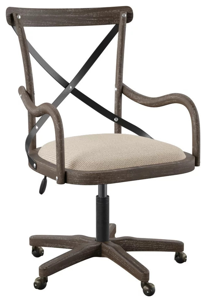 Rustic Office Chair, Wooden Frame With Cushioned Seat & X-Shaped Metal Backrest