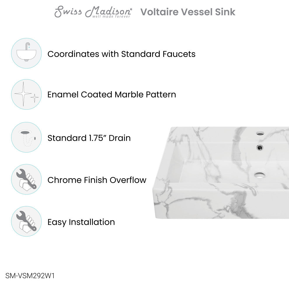 Voltaire Wide Rectangle Vessel Sink, White Marble