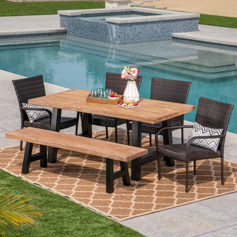 GDF Studio 6-Piece Allison Outdoor Wicker Dining Set With Table and Bench