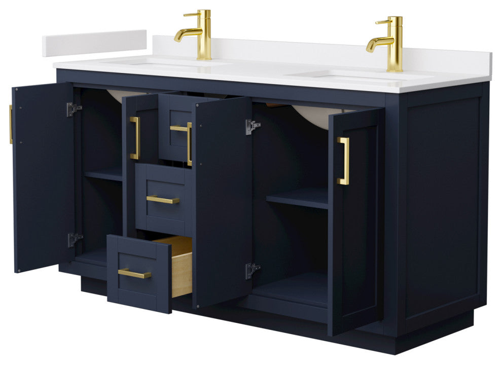 60"DBL Bathroom Vanity Dark Blue, White Cult.Marble Countertop, Sinks, Gold Trim