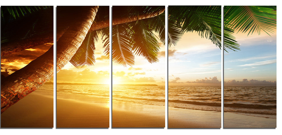 "Beautiful Beach Under Palms" Modern Seashore Canvas Art, 5 Panels, 60"x28"