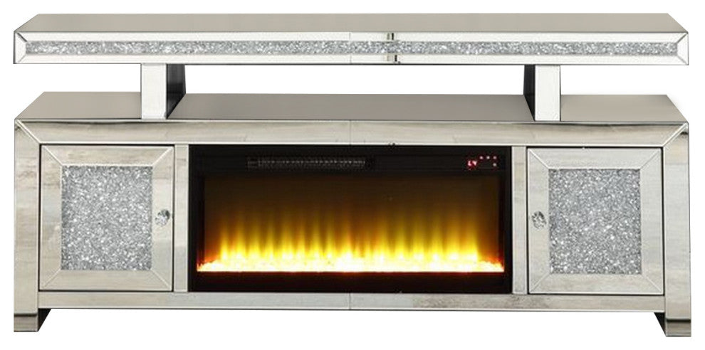 Benzara BM262195 Mirrored TV Stand With LED Fireplace and Remote, Silver