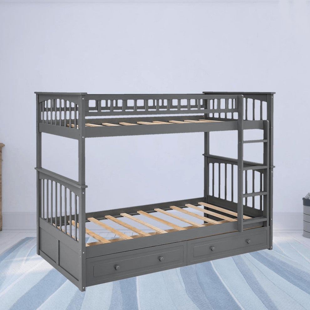 Twin over Twin Bunk Bed Drawers Convertible Beds Gray