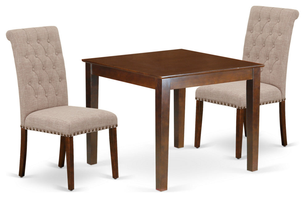 3Pc Dinette Set, Square Table, Two Parson Chairs, Light Fawn Fabric, Mahogany