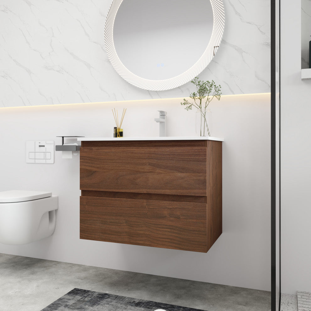 Wall-Mounted Plywood Bathroom Vanity Set in Light Oak with Integrated Gel Sink, Brown Oak, 30" X 18" X 20"
