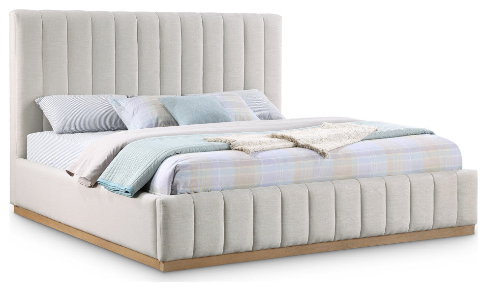 Lucia Beige Linen Textured Fabric Full Bed, Cream, King, Natural Finish