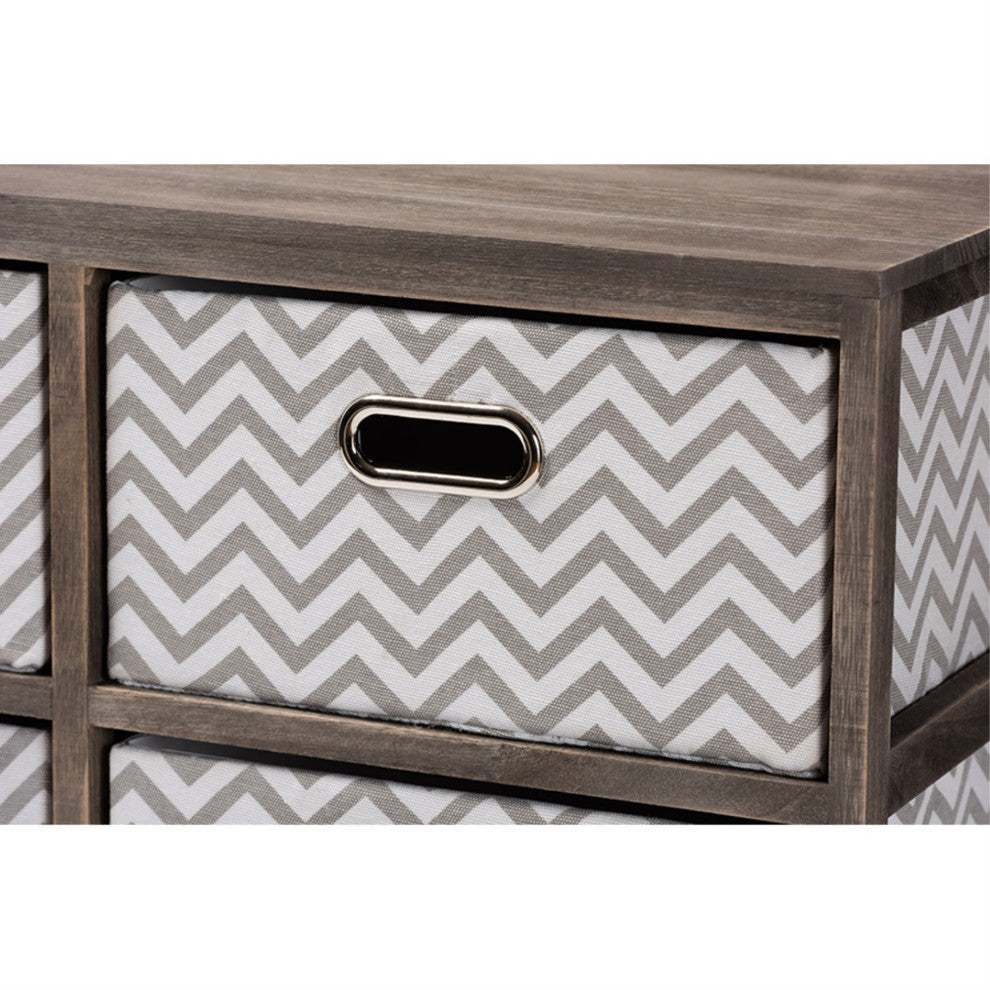 Jorah Gray And White Fabric Upholstered Graywashed Wood 4-Basket Storage Unit