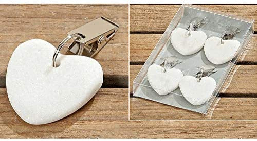 Natural Stone Hearts Table Cloth Weights on Clip Hangers, White, Set of 4