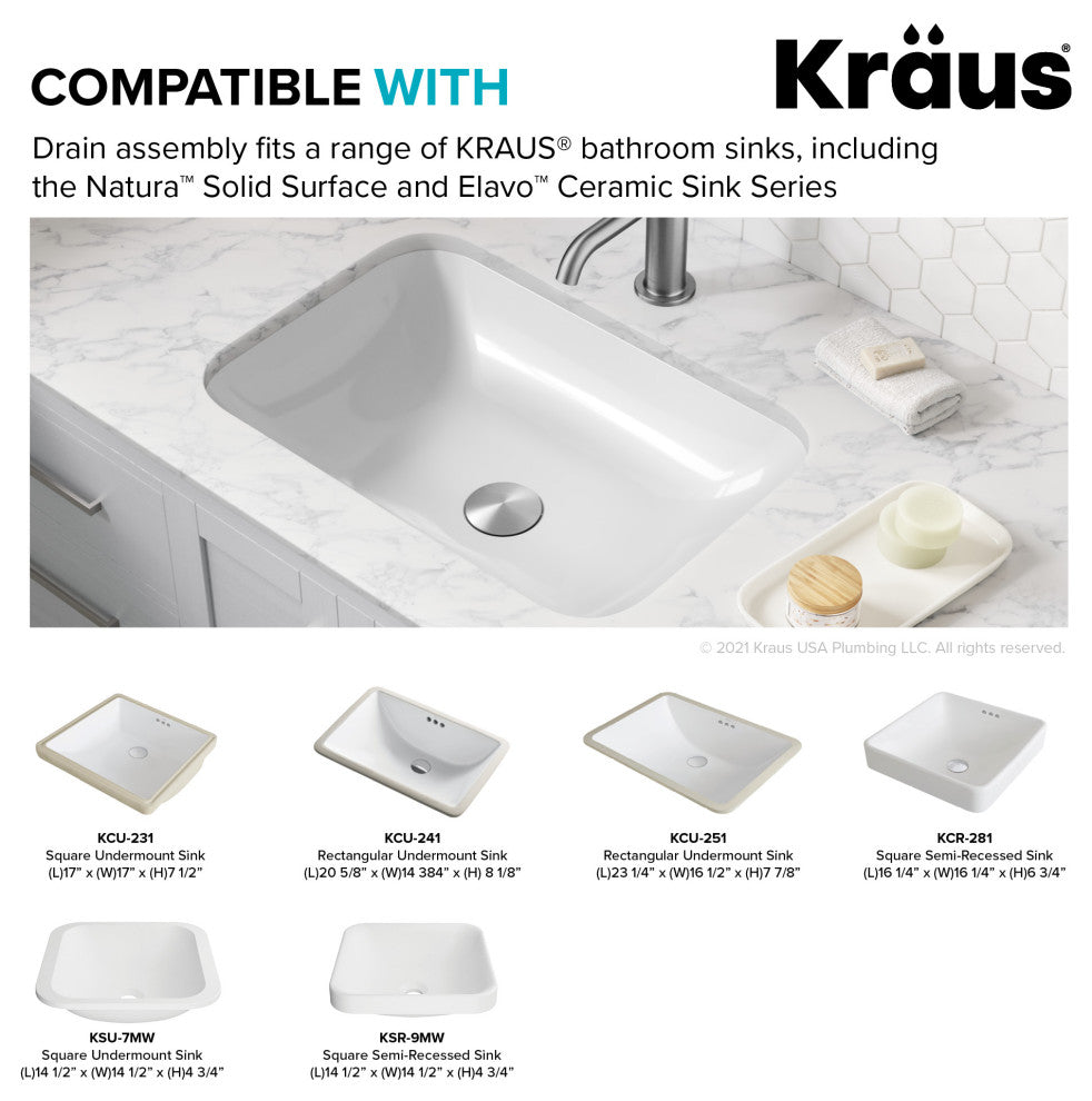 KRAUS PU-11SFS Pop-Up Drain for Bathroom Sink with Overflow in Stainless Steel