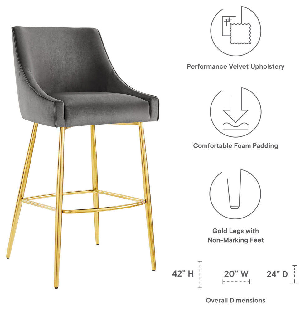 Bar Stool Chair Barstool, Set of 2, Gray, Velvet, Modern, Mid Century