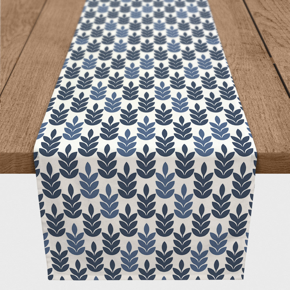 Navy and Blue Leaf Pattern 16x72 Poly Twill Table Runner