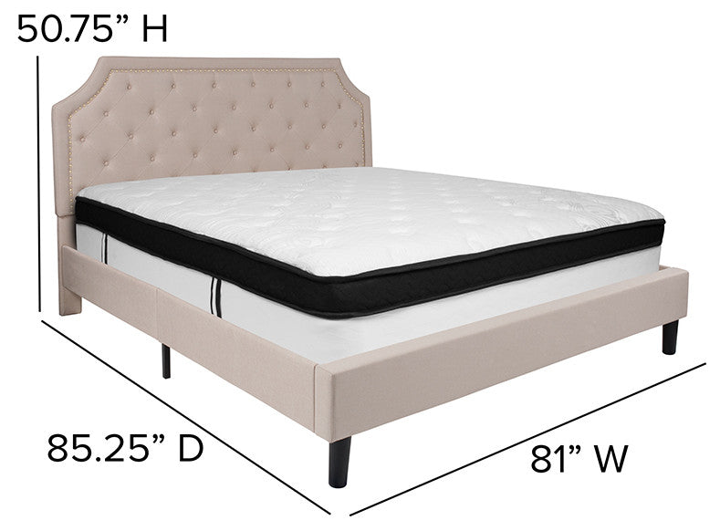 King Size Tufted Platform Bed in Beige Fabric with Memory Foam Mattress