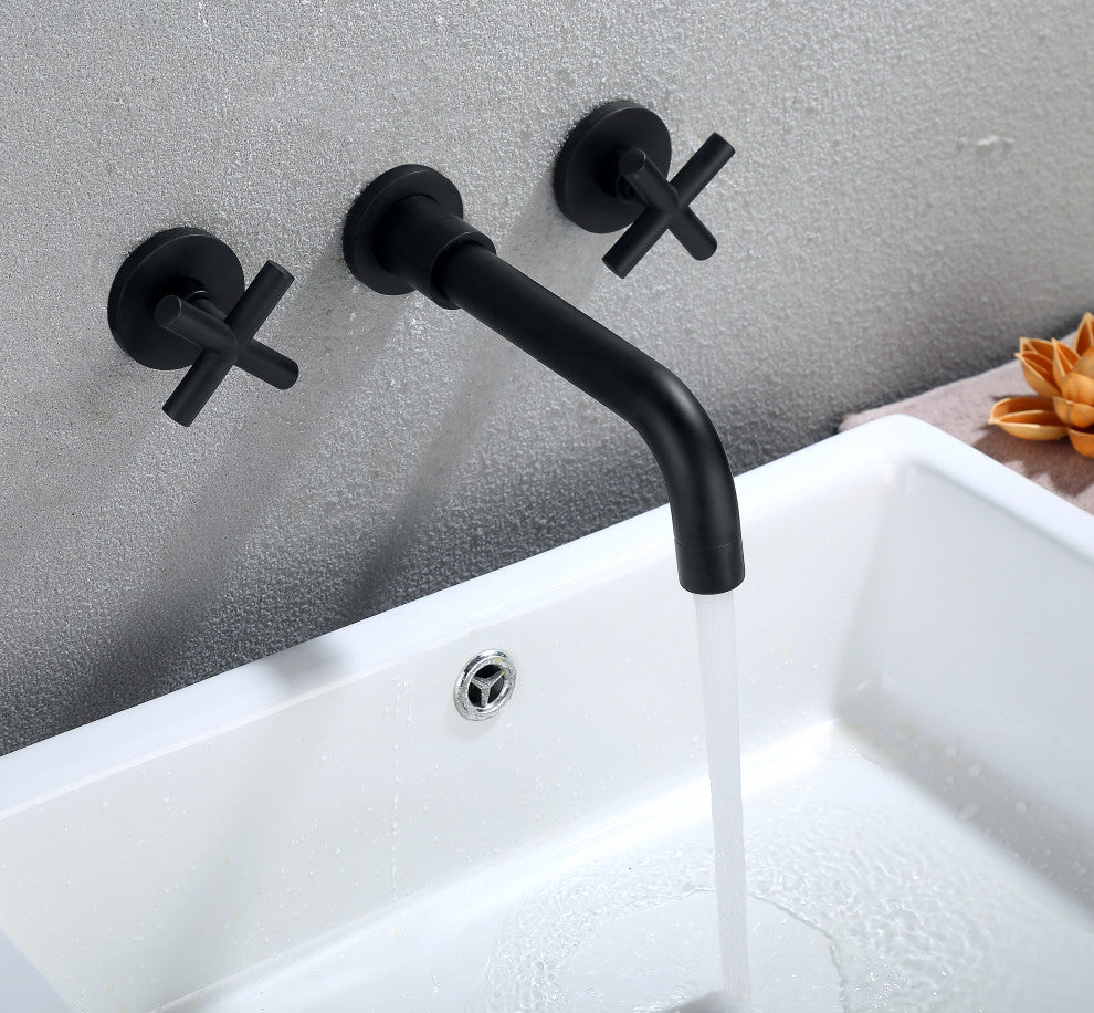 Three Holes Dual Handles Wall Mounted Bathroom Sink Faucet, Matte Black