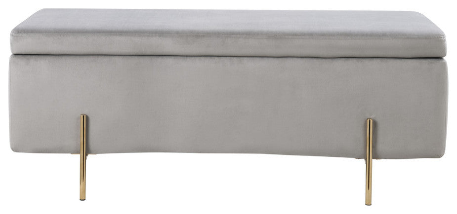 Emma Velvet Storage Bench With Metal Legs, Gray
