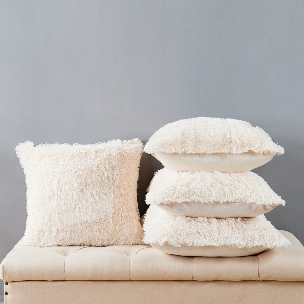 Shaggy Faux Fur Pillow Cover, Ivory, Set of 4, 20"x20"