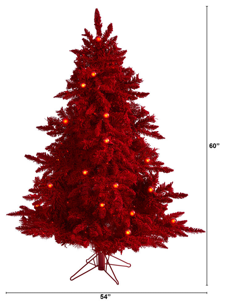 5' Red Flocked Fraser Fir Faux Xmas Tree W/Lights, Globes & Bendable Branches