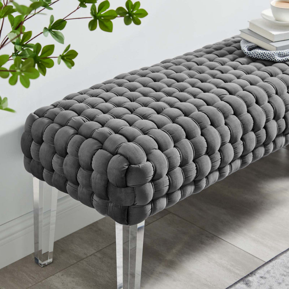 Ottoman Bench Gray, Velvet, Modern, Mid Century Hotel Lounge Cafe