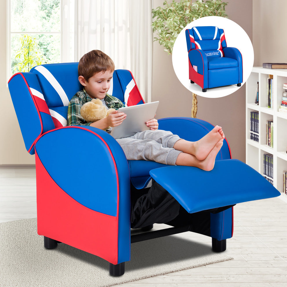 Kids Recliner Chair Gaming Sofa PU Leather Armchair w/Side Pockets Blue