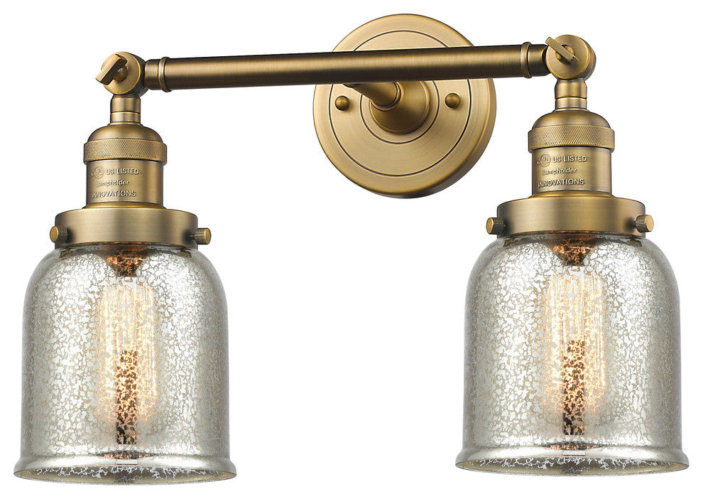 2-Light Small Bell 16" Bath Fixture, Brushed Brass, Glass: Silver Mercury