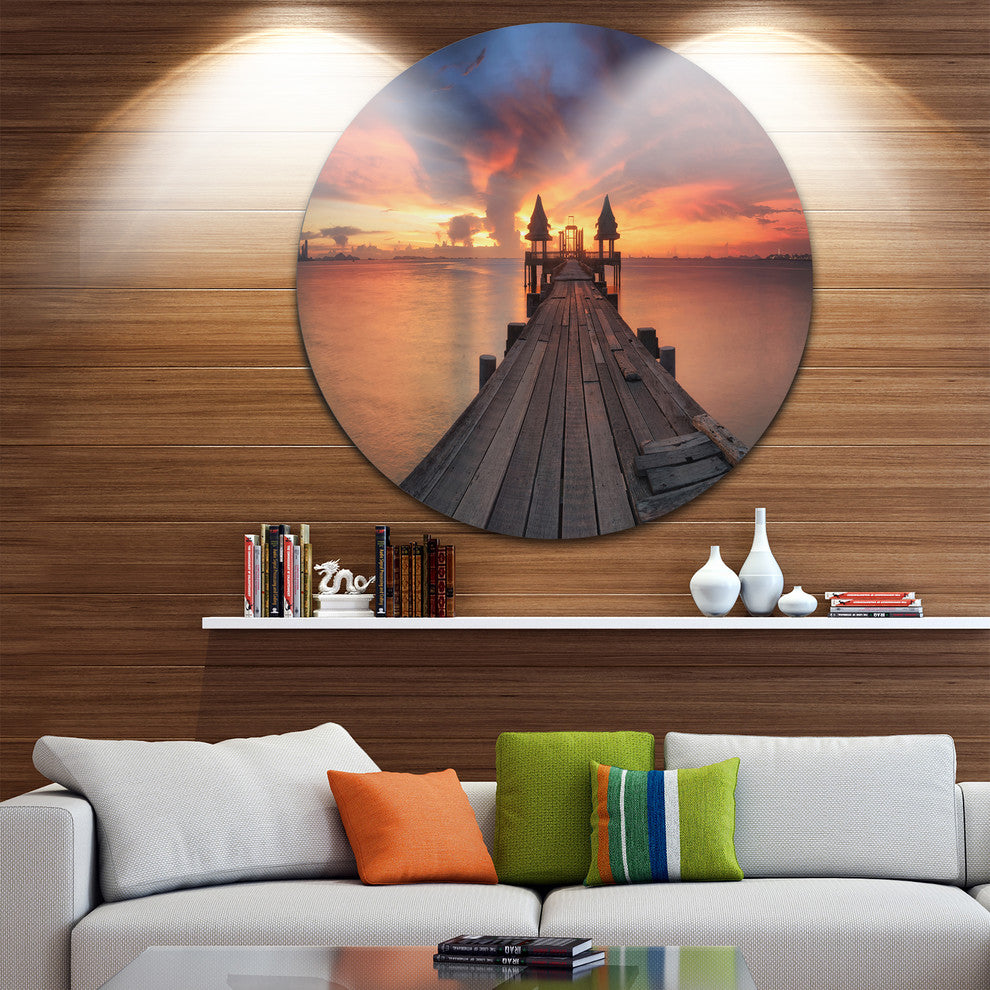 Glowing Sky And Long Wooden Bridge, Sea Pier Round Wall Art, 23"