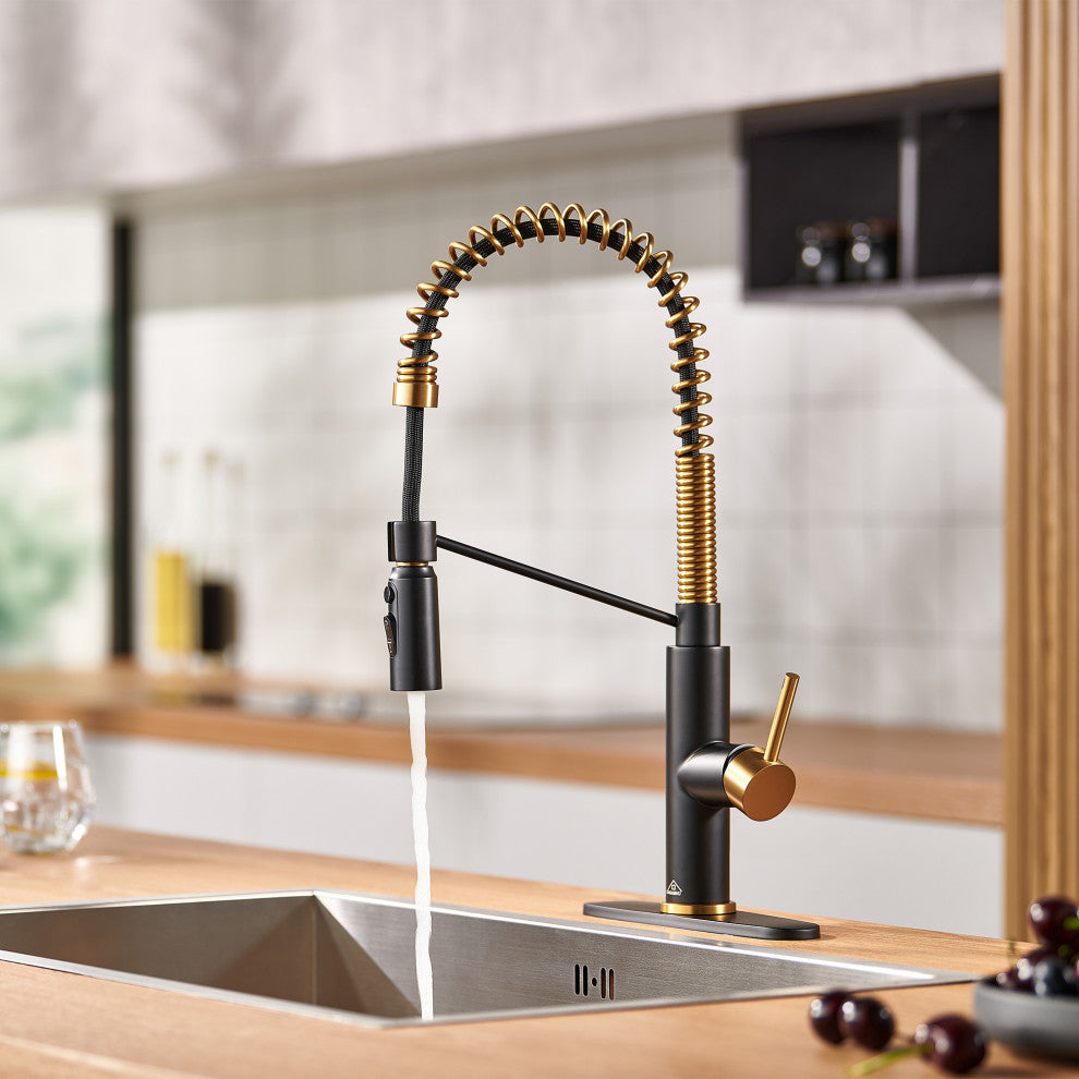Kitchen Sink Faucet 1.8 GPM with Pull Down and 3 Models Sprayer Single Handle, Matte Black+brushed Gold