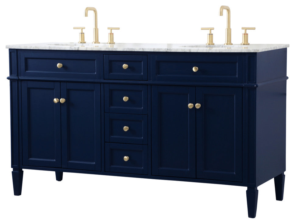 Home Living Vanity with Carrara White Marble Countertop, Blue, 60", Double Sink