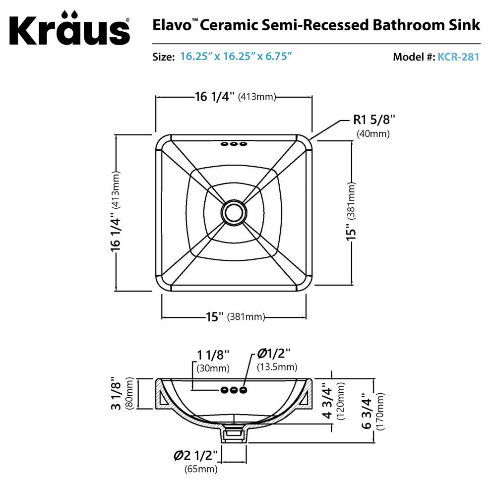 Elavo Ceramic Square Semi-Recessed White Sink, PU Drain Chrome