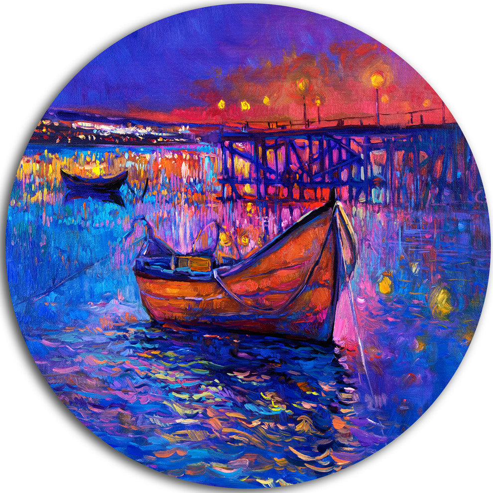 Boats And The City, Seascape Painting Disc Metal Wall Art, 23"