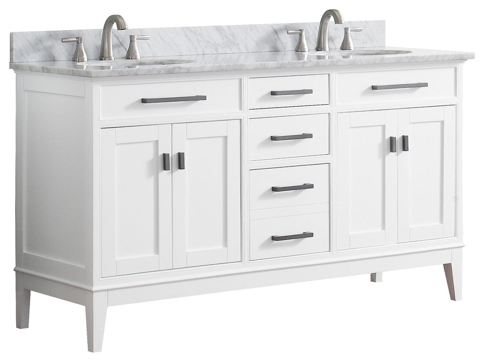 Avanity Madison 61" Double Vanity, White Finish, Carrera White Marble Top