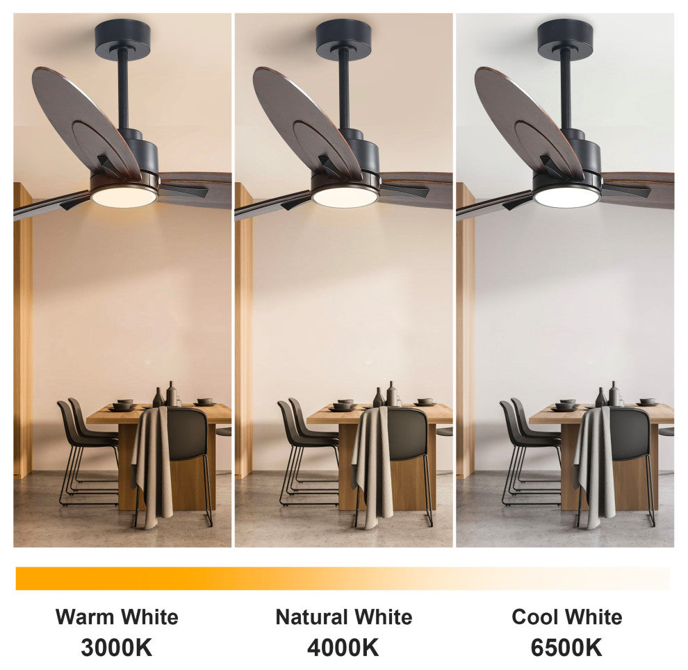 60" 3-Solid Wood Blade Propeller indoor LED Ceiling Fan, Black and Brown