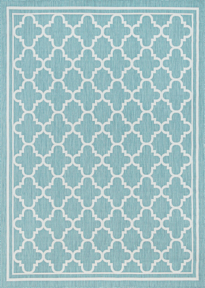 Shaila Transitional Geometric Aqua/Cream Indoor/Outdoor Area Rug, 8'x10'