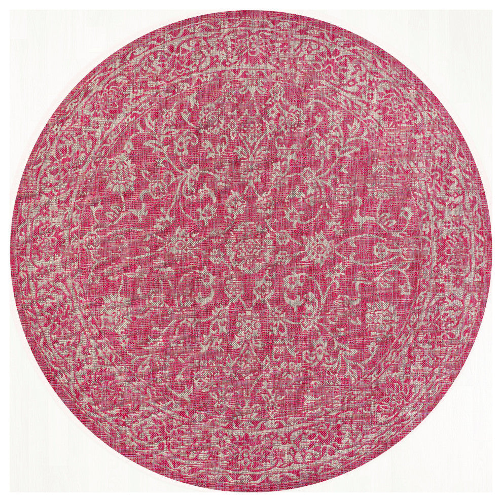 Tela Boho Textured Weave Floral Indoor/Outdoor Rug, Fuchsia/Light Gray, 5' Round