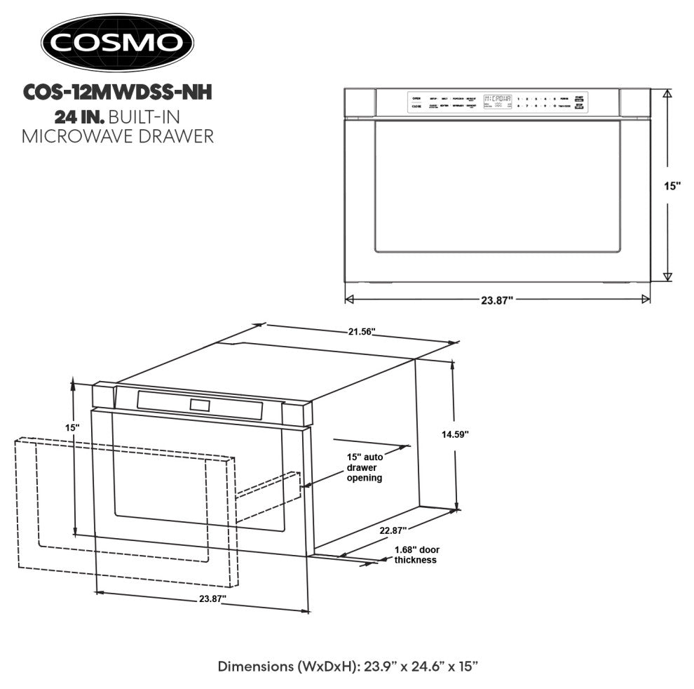 Cosmo 24" 1.2 Cubic Ft Built-in Microwave Drawer, Stainless Steel