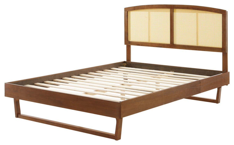 Platform Bed Frame, King Size, Wood, Brown Walnut, Modern Mid-Century, Bedroom