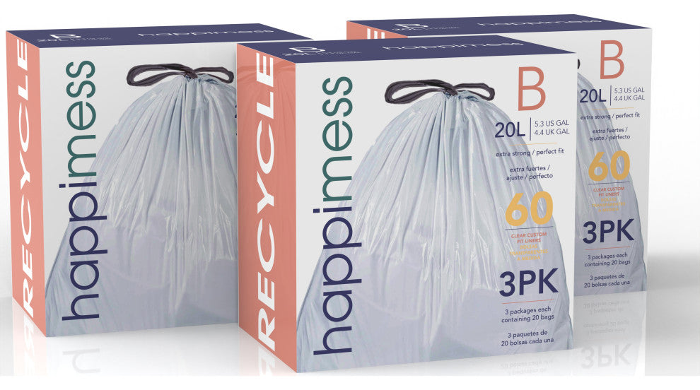 happimess Drawstring Trash Can Liner,, 60-Count, 3-Packs of 20 Liners, Clear, 5.3 Gallons
